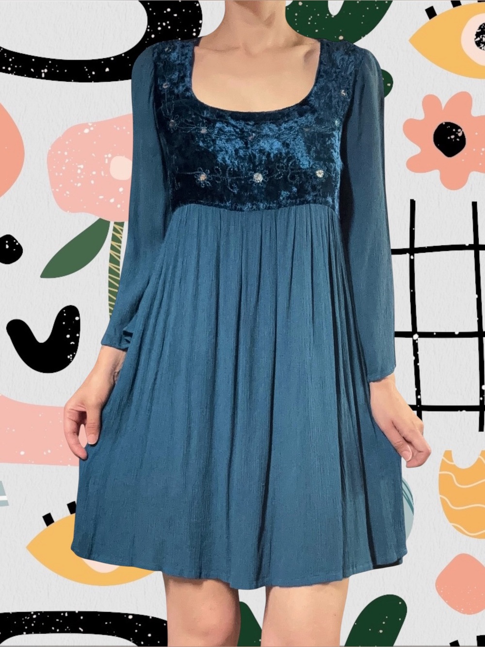 Tree Of Life | Velvet Embroidered Bust Flowy Boho Babydoll Dress